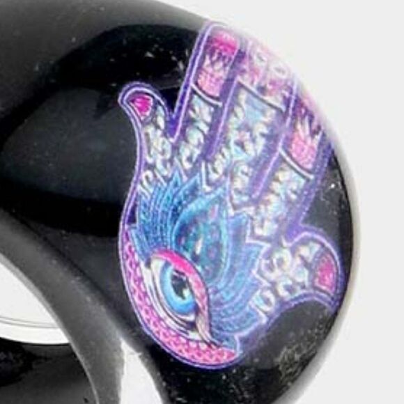 Hamsa Hand Evil Eye Printed Lucite Ring Size 8.25 - Picture 2 of 5